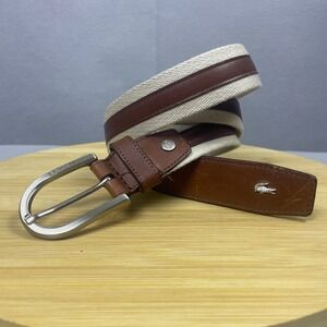 Lacoste Men's Belt Brown Leather &‎ Canvas Striped Designer Size 40 MCM Preppy